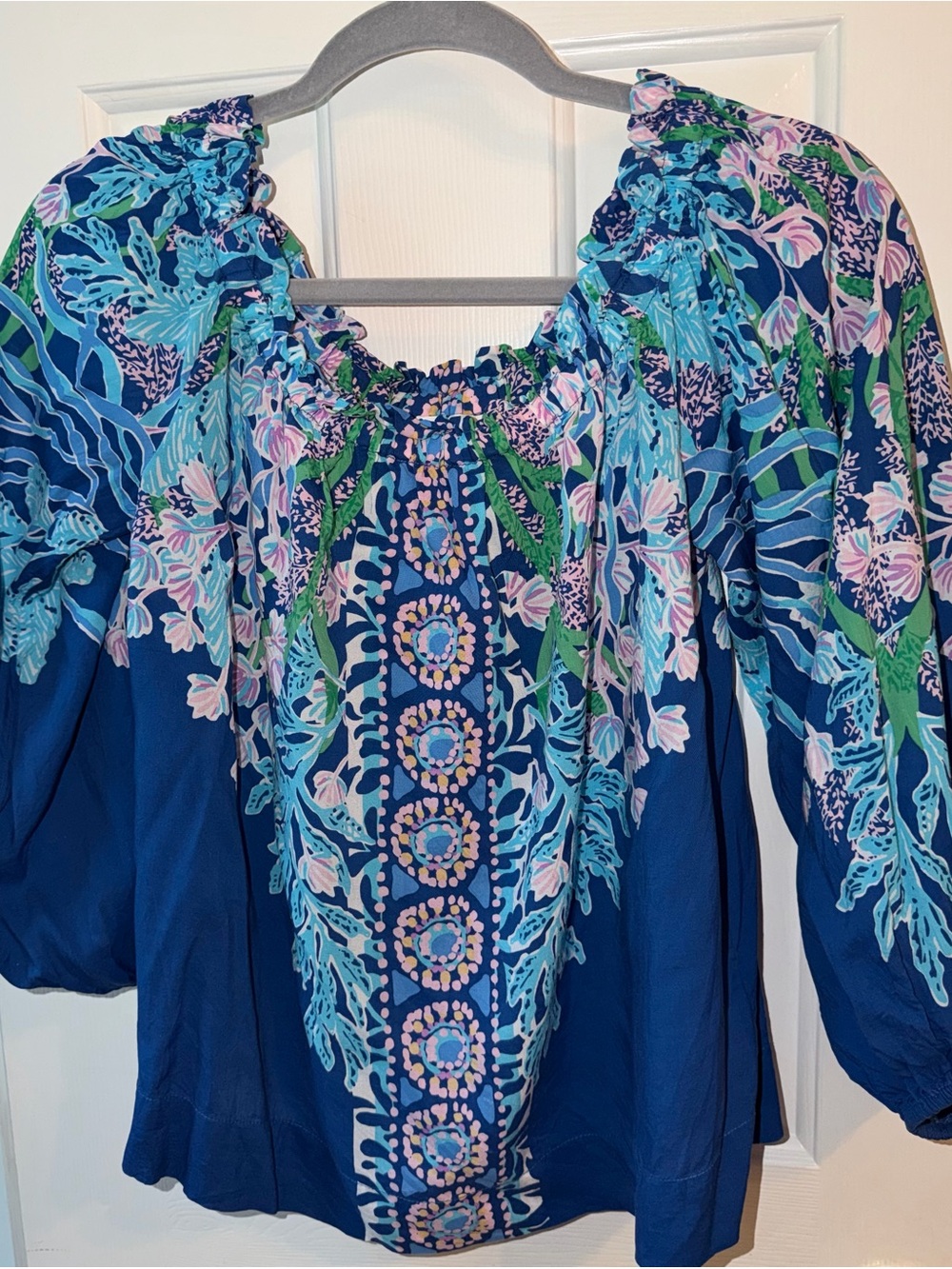 Lilly Pulitzer Off the Shoulder 3/4 Sleeve Blue Pink Floral Top Medium